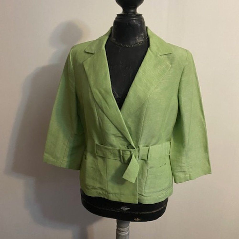 Emma James Green Linen blend belted 1 button 3/4 sleeves blazer, size 12